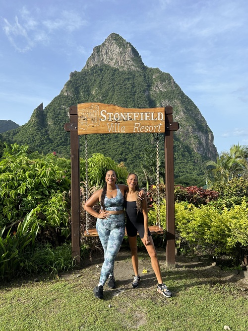 Beyond the Resort: Natalie and Kayla in front of Stonefield Resort Sign