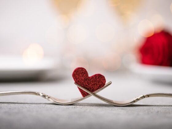 Galentine or Valentine: Forks and a heart. Holiday menu for Valentines Day.