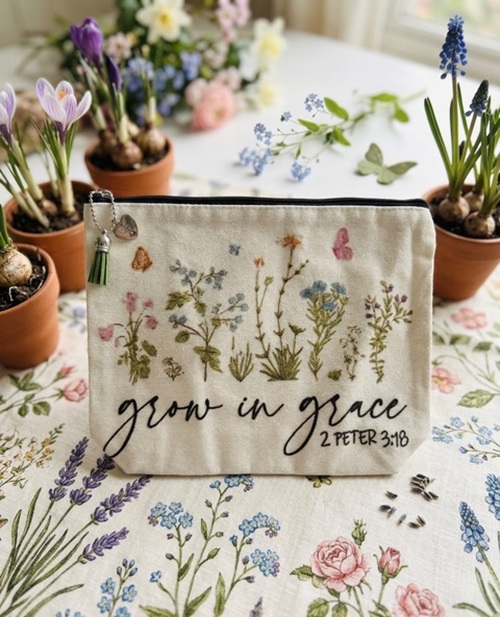 Easter Basket 2026: Makeup pouch with flowers with "Grow in Grace" screened on