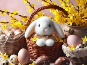Easter Basket: plush lamb and Easter eggs in a brown basket with flowers in the background