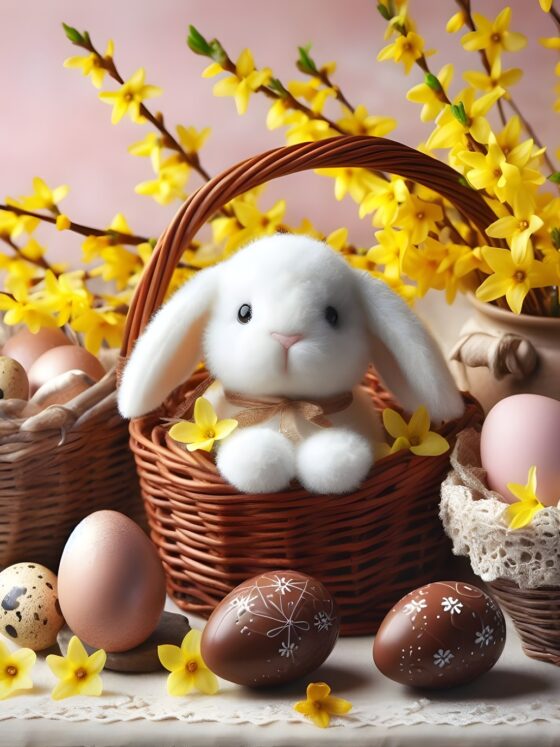 Easter Basket: plush lamb and Easter eggs in a brown basket with flowers in the background