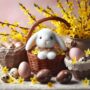Easter Basket: plush lamb and Easter eggs in a brown basket with flowers in the background
