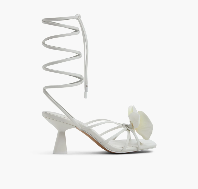 flourish, bridal shoes, ankle laces, orchid floral applique, white kitten heels, call it spring