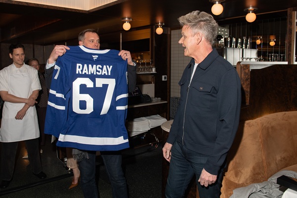 Linny's: Gordon Ramsay being presented with a Toronto Maple Leaf's Jersey with the number 67 