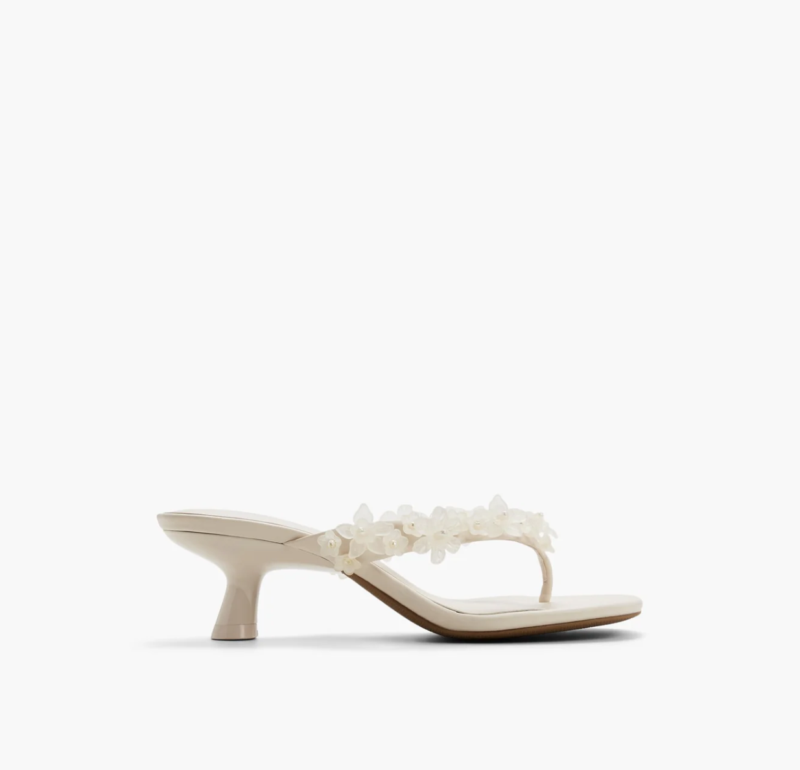 meadoww, call it spring, bridal shoes, thong kitten heels, flower appliques, white shoes