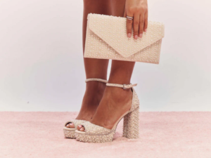 call it spring, bridal shoes, jewelled clutch and platform heels