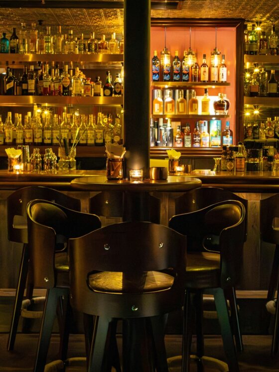 Speakeasy: Dark, moody bar with bar stools