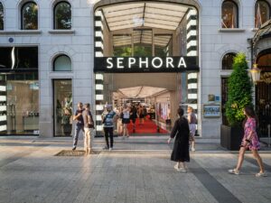 2026 Sephora Spring Savings Event: The iconic Sephora flagship store entrance on the Champs-Elysees, Paris, France, with people entering and exiting.