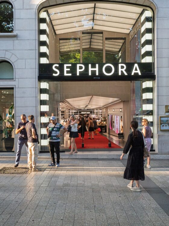 2026 Sephora Spring Savings Event: The iconic Sephora flagship store entrance on the Champs-Elysees, Paris, France, with people entering and exiting.