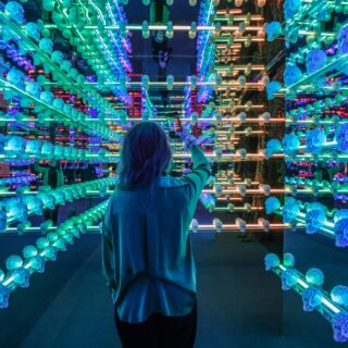 Art of the Brick: Woman in a room filled with blue lit LEGO Skulls