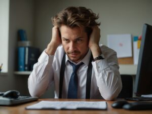 Stress and Burnout: Man at work holding his head in front of his laptop