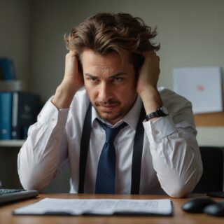 Stress and Burnout: Man at work holding his head in front of his laptop