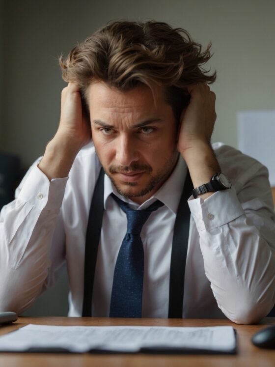 Stress and Burnout: Man at work holding his head in front of his laptop