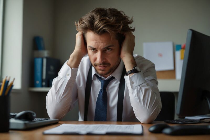Stress and Burnout: Man at work holding his head in front of his laptop