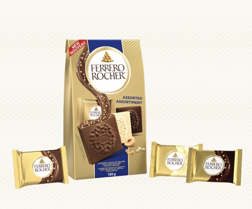 Gifts Your Mom Will Love: Ferrero Rocher Assorted Hazelnut Chocolate Squares package with 3 chocolates next to it