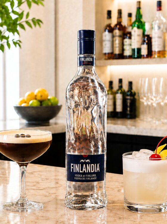 Cocktail Culture: Finlandia Vodka Bottle with a cocktail on either side on a bar