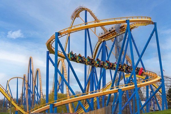 Canada's Wonderland: Behemoth Roller Coaster with full cars of people riding