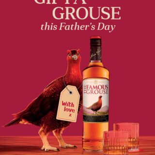 The Famous Grouse: Scotch Bottle, glasses and a grouse with a tag that says "With Love X" on it