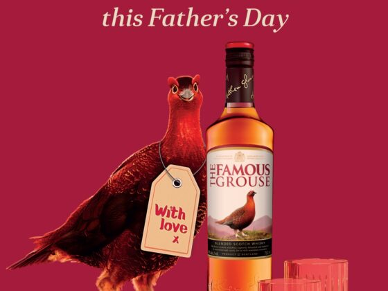 The Famous Grouse: Scotch Bottle, glasses and a grouse with a tag that says "With Love X" on it