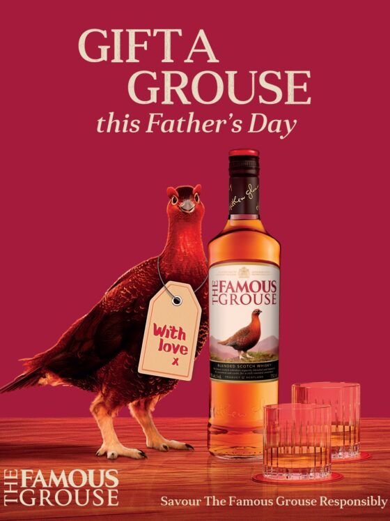 The Famous Grouse: Scotch Bottle, glasses and a grouse with a tag that says "With Love X" on it
