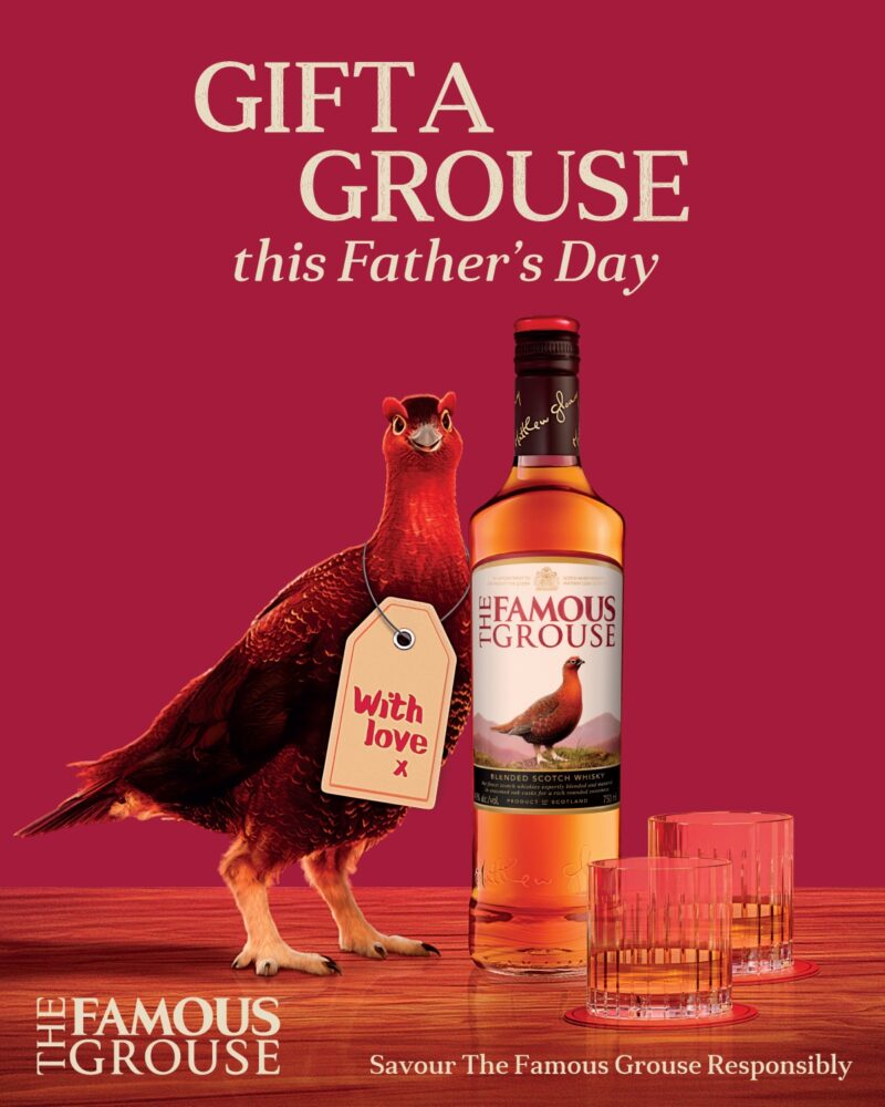The Famous Grouse: Scotch Bottle, glasses and a grouse with a tag that says "With Love X" on it