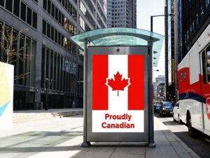 Favourite Canadian Brands: white blank advertising billboard. street mockup panel in Canada. digital lightbox poster ad banner board. urban street with road traffic. red and white van. vertical format sign. bus shelter advertising