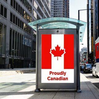 Favourite Canadian Brands: white blank advertising billboard. street mockup panel in Canada. digital lightbox poster ad banner board. urban street with road traffic. red and white van. vertical format sign. bus shelter advertising