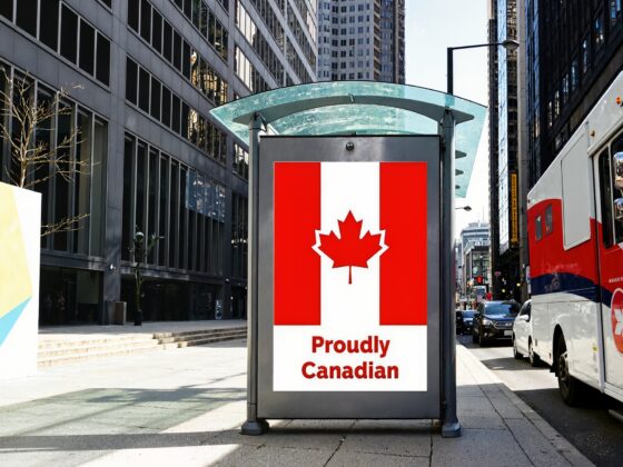 Favourite Canadian Brands: white blank advertising billboard. street mockup panel in Canada. digital lightbox poster ad banner board. urban street with road traffic. red and white van. vertical format sign. bus shelter advertising