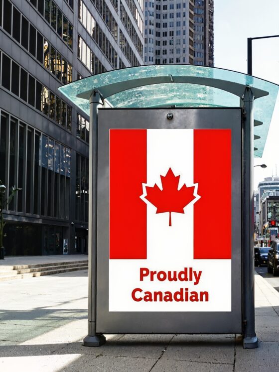 Favourite Canadian Brands: white blank advertising billboard. street mockup panel in Canada. digital lightbox poster ad banner board. urban street with road traffic. red and white van. vertical format sign. bus shelter advertising