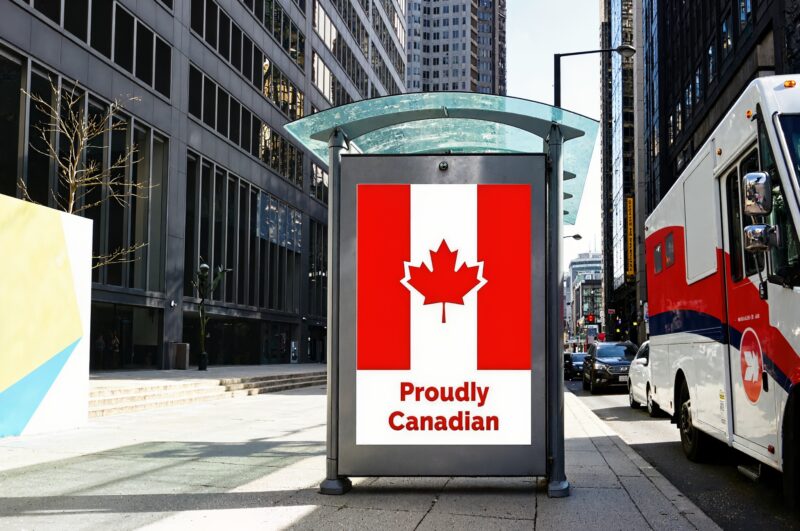 Favourite Canadian Brands: white blank advertising billboard. street mockup panel in Canada. digital lightbox poster ad banner board. urban street with road traffic. red and white van. vertical format sign. bus shelter advertising