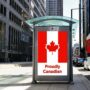 Favourite Canadian Brands: white blank advertising billboard. street mockup panel in Canada. digital lightbox poster ad banner board. urban street with road traffic. red and white van. vertical format sign. bus shelter advertising