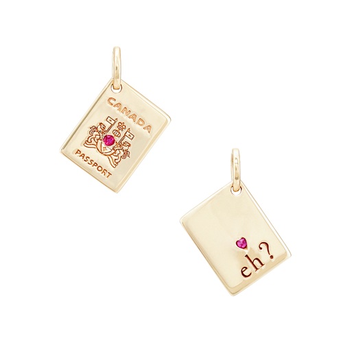 Favourite Canadian Brands: Canadian Passport Charm in Gold with eh? on the back with a ruby on either side