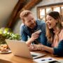 Credit Card: Happy woman pointing on something on laptop screen while shopping on the internet with her husband at home.