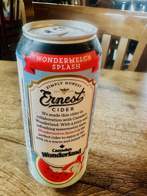 Canada's Wonderland: Ernest Cider Wondermelon Splash can on a wooden table