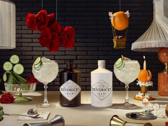 Hendrick's: Two bottles of Hendrick's Gin - one white and one black each with a cocktail beside it and cucumber, roses and an orange in the background