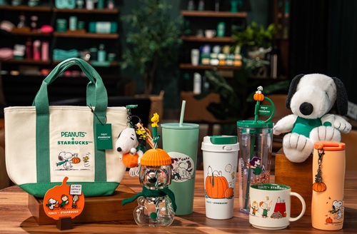 Fun Finds for Fall: Peanuts/Starbucks merchandise arranged on a counter