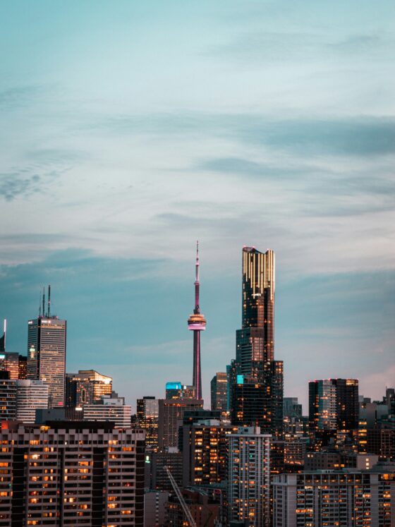 Playing Online Casino Games: Downtown Toronto Skyline at dusk including the CN Tower