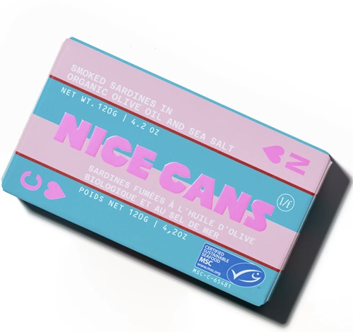 Fun Food for Fall: Nice Cans Sardines Smoked in Olive Oil With Sea Salt in blue and pink striped outer packaging