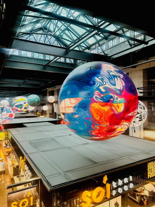 Waterworks Food Hall: Large art installation orbs above the food hall
