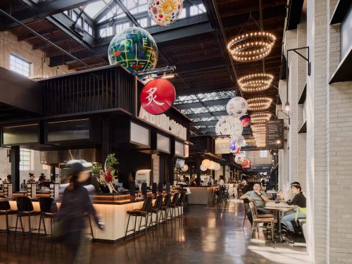 Waterworks Food Hall: Shot of the food hall showing seating area and a couple of food vendors