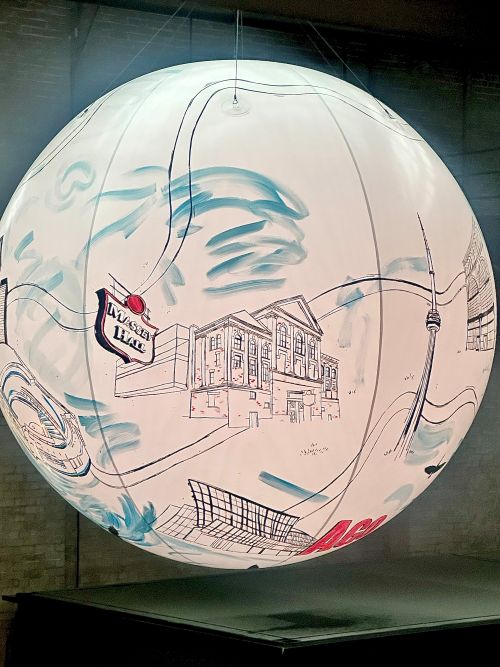 Waterworks Food Hall: Art installation orb decorated with Massey Hall