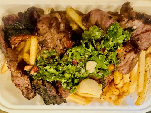 Waterworks Food Hall: steak, salsa and french fries in a takeaway container