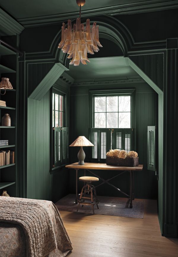 Webster Green: Alcove with desk, stool and lamp painted in green