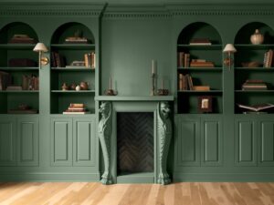 Webster Green: Green book case and fireplace