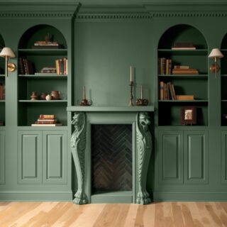 Webster Green: Green book case and fireplace