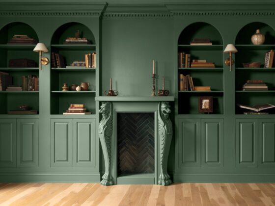 Webster Green: Green book case and fireplace