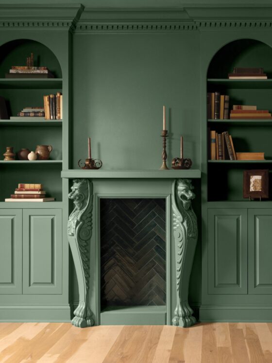 Webster Green: Green book case and fireplace