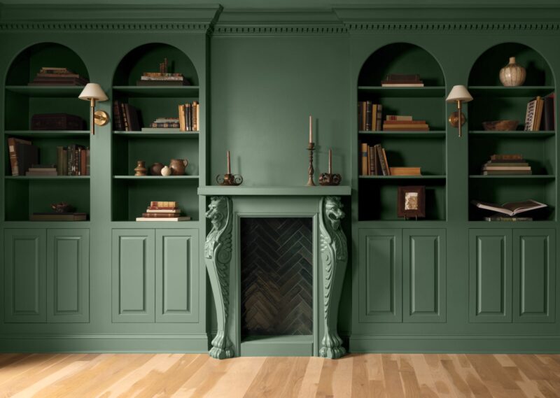 Webster Green: Green book case and fireplace