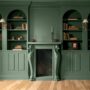 Webster Green: Green book case and fireplace