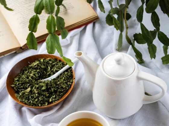 Green Tea Extract: Tea pot next to tea cup with green tea, loose leaves in a bowl next to a plant